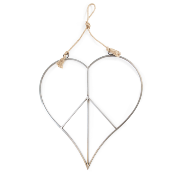 LARGE HANGING METAL & JUTE HEART PEACE SIGN