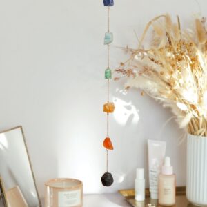 7 CHAKRA’S RAW CRYSTAL WINDOW HANGING - GOLD TONE