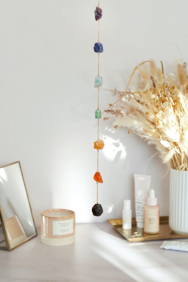 7 CHAKRA’S RAW CRYSTAL WINDOW HANGING - GOLD TONE