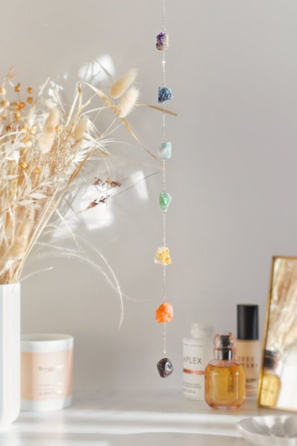 7 CHAKRA’S RAW CRYSTAL WINDOW HANGING - SILVER TONE