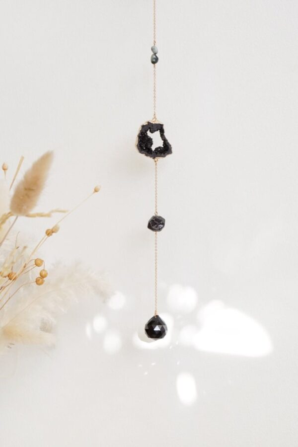 BLACK RAW AGATE & FALCON’S EYE CRYSTAL SUNCATCHER - 30CM