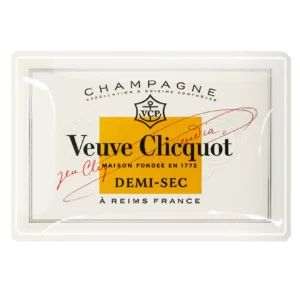 VINTAGE VEUVE CLICQUOT DEMI-SEC DECOUPAGE GLASS TRAY - 12”X20”