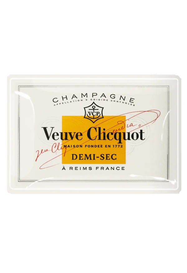 VINTAGE VEUVE CLICQUOT DEMI-SEC DECOUPAGE GLASS TRAY - 12”X20”